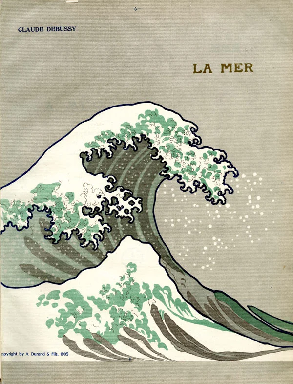 드뷔시 바다 초판 악보 표지, 호쿠사이 파도 판화 사용, 1905년