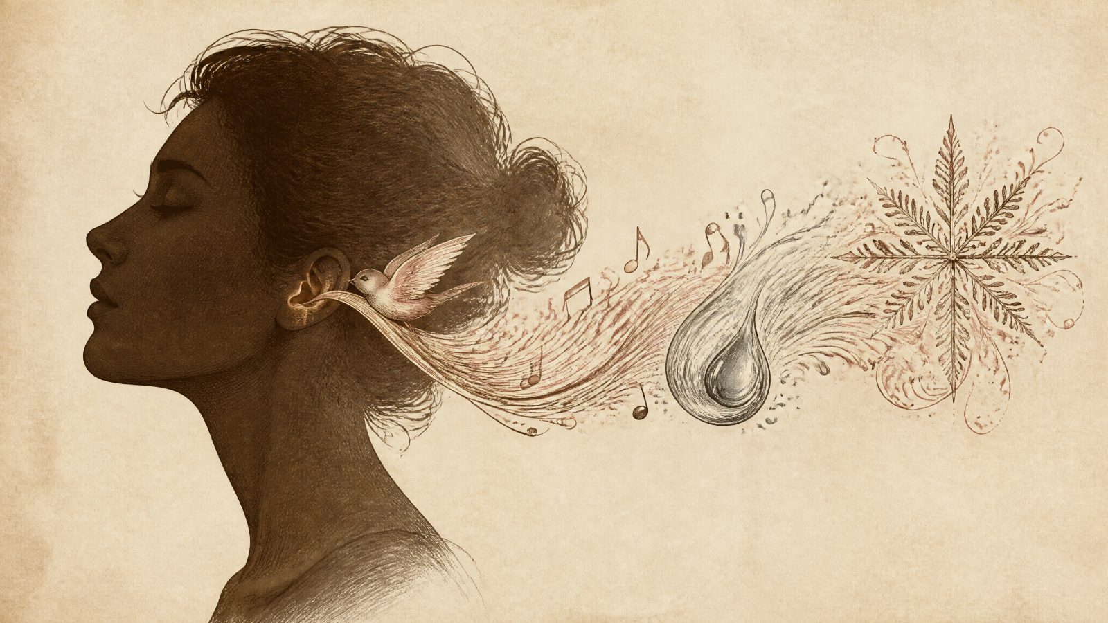 눈을 감은 사람의 옆모습 실루엣, 귀에서 흘러나온 음표 리본이 새와 물방울과 눈송이 모양으로 차례차례 바뀌는 그림