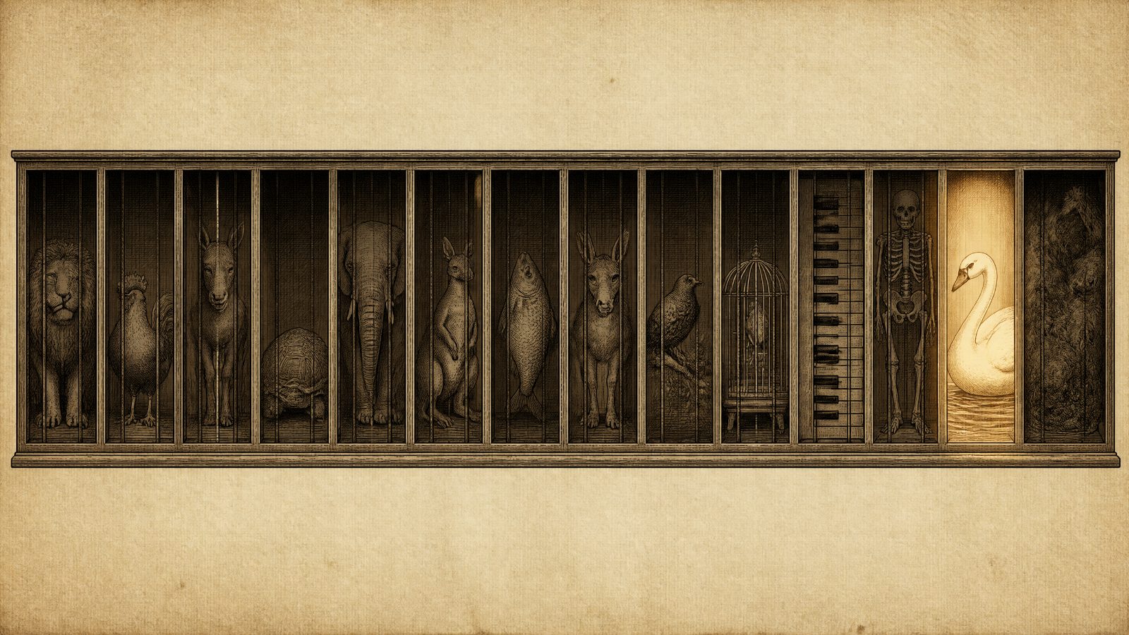 열네 칸이 가로로 이어진 우리 그림. 사자와 수탉, 코끼리와 캥거루, 피아노 건반과 해골이 칸마다 하나씩 들어 있고 백조가 있는 열세 번째 칸만 환하게 빛나며 나머지 칸은 창살 그늘에 잠겨 있다